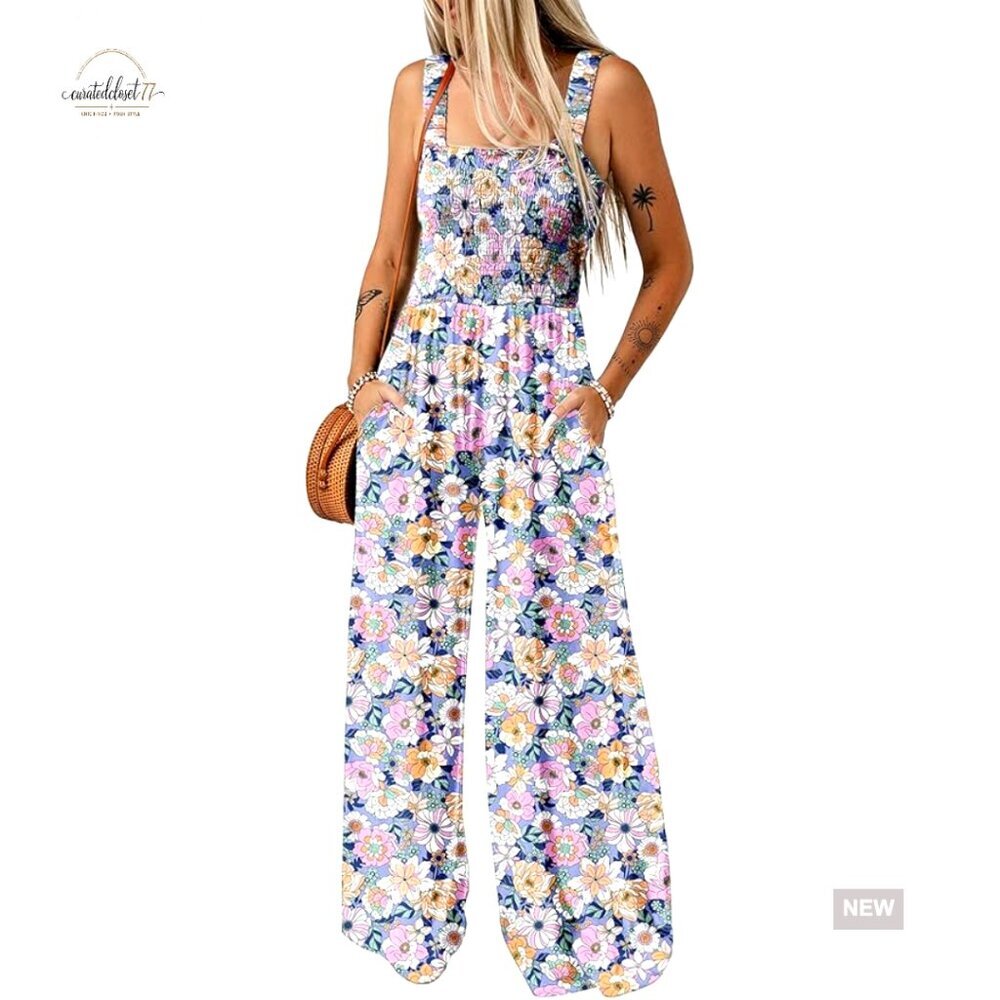 Sleeveless Floral Jumpsuit Wide Leg Pockets Loose Fit Summer Romper